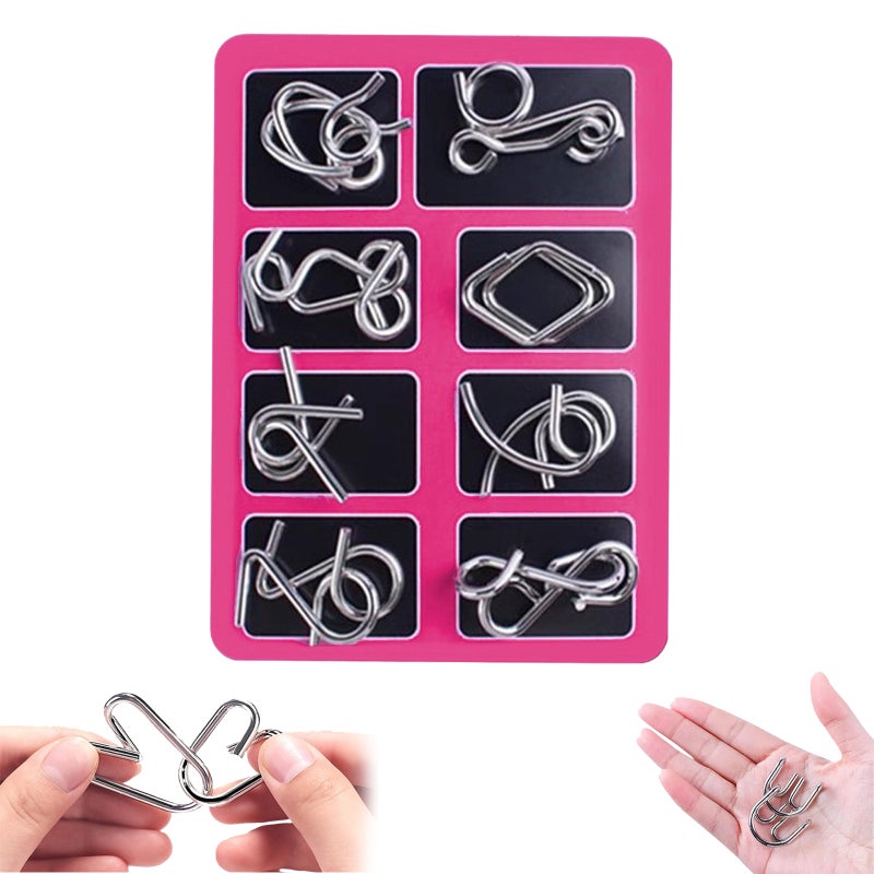 8Pcs Metal Brain Teaser Puzzles Ring,3D Interlocking Metal Wire IQ Logic Game,Reverse Thinking Physics Mind Games,Educational Party Favor Travel Thinking Toy with Carry Pouch for Party Favor (Pink) - Image 1